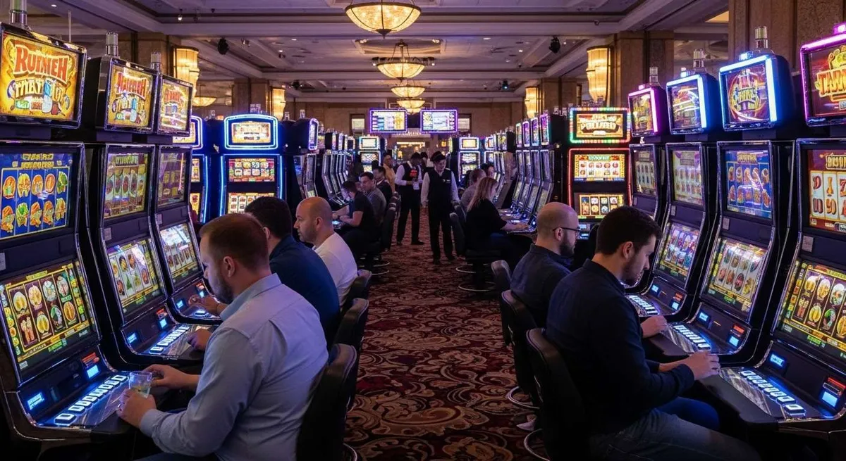 Instant Casino Giocatori concentrati alle slot machine luminose del casinò